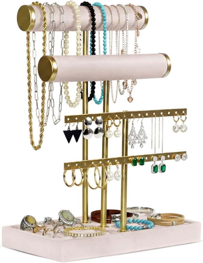Jewelry Tower Stand Organizer for Women - Soft Touch Velvet Elegant Jewelry Holder Display with Necklace Holder, Earring Organizer & Bracelet Rack - Tabletop Stand for Dresser, Vanity, Desk - Beige
