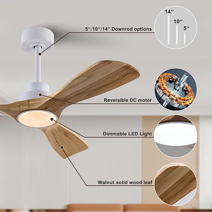 QUTWOB 42" Wood Ceiling Fan with Light, Reversible DC Motor, Remote Control | solid wood blades, quiet 6-speed reversible dc inverter motor, remote control, 3-color led, for indoor outdoor patio bedroom