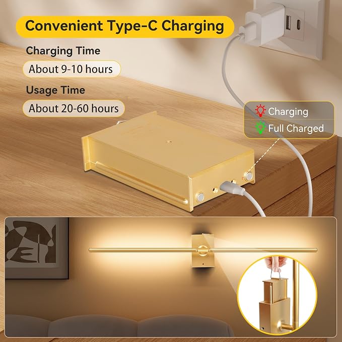 Ouyulong Battery Operated Wall Sconces Set of 2, 10000mAh Wireless Rechargeable 3000-6000K Dimmable 350° Rotate Wall Light with Remote for Living Room, Bedroom 27.6in Gold