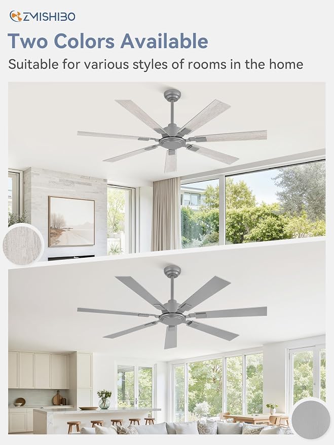ZMISHIBO 60“ Ceiling Fans No Light with Remote, Silver Modern Ceiling Fan Without Light, Quiet Reversible DC Motor, 6 Speeds, 7 Blades Indoor/Outdoor Ceiling Fan for Living Room Bedroom Patio Garage