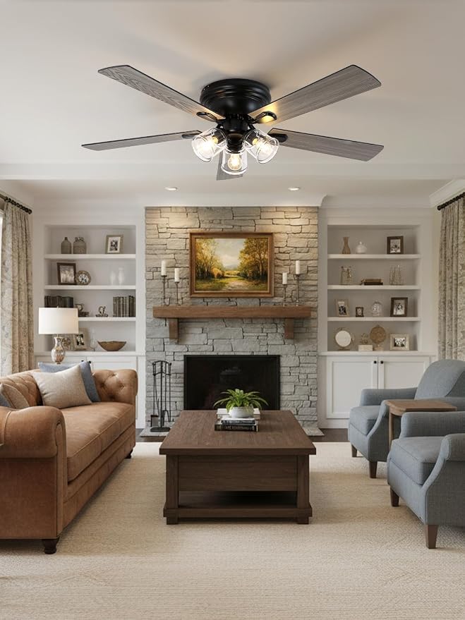 52 Inch Flush Mount Farmhouse Ceiling Fan with Lights and Remote | Rustic Fandelier Ceiling Fan, Low Profile Chandelier, 5 Dual Blade, for Bedroom Living Room, Reversible DC Motor 6 Speeds