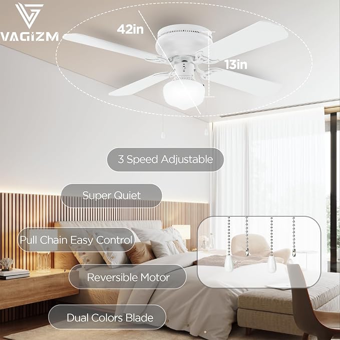 42" Flush Mount Ceiling Fan Matte White Traditional Ceiling Fan with Light & Pull Chain - Low Profile Design - Indoor or Cover Outdoor Use