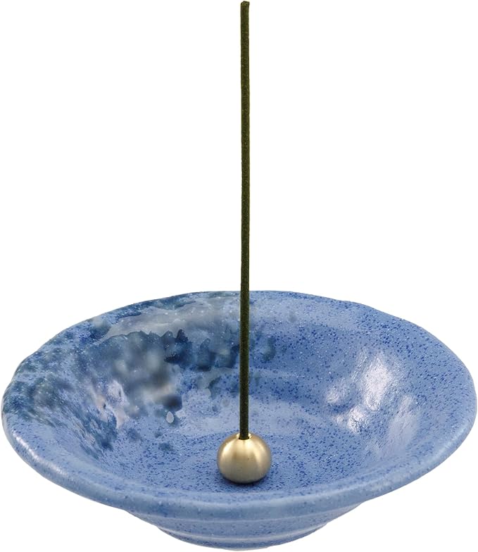 Asayu Japanese Small Incense Holder for Sticks 4.88 inch (124mm), Traditional Made in Japan Ceramic Ash Catcher and Brass Incense Burner Set - Blue