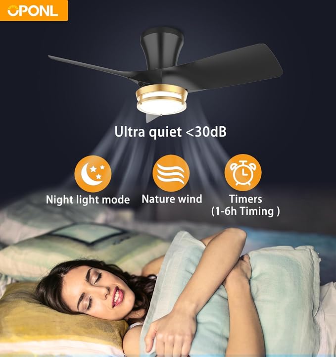 OPONL Ceiling Fan with Light, 30 inch Low Profile Ceiling fan with Light and Remote Control, Reversible, 6CCT, Dimmable, Noiseless, Black Ceiling Fan for Bedroom, Indoor/Outdoor Use, Modern