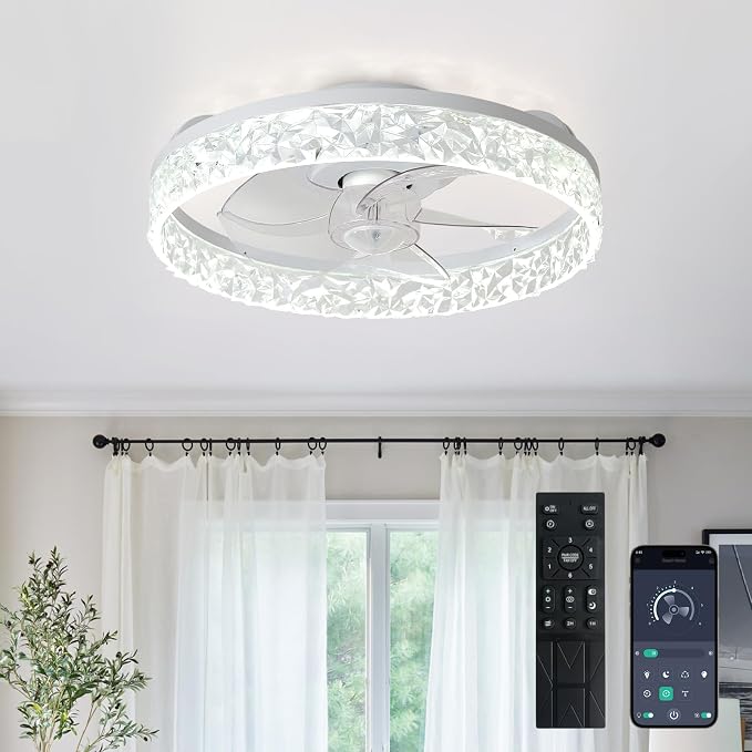 Depuley Ceiling Fans with Lights and Remote: 16" Modern Low Profile Flush Mount Ceiling Fan with App Remote Control - White Fandelier for Bedroom Living Room Kitchen Dimmable Quiet DC Motor