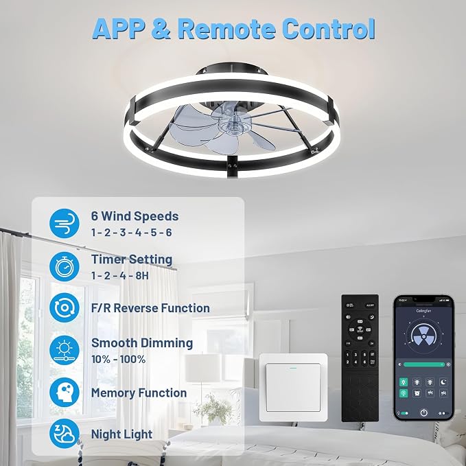 19.7" Low Profile Bladeless Ceiling Fan withLights & Remote -Flush Mount Fandelier LightFan for Bedroom/Kitchen, 3000-6000KDimmable LED, 6-Speed Modern Fan withLights for Home/Office