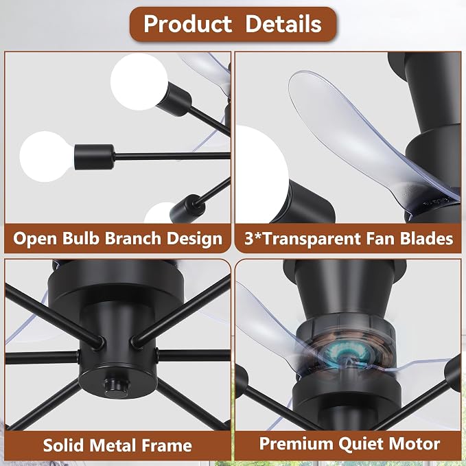 23 Inch Flush Mount Ceiling Fan with Light, Black Low Profile Fandelier | 6-Light Modern Sputnik Chandelier Fan, Remote Control, 6 Speeds, Reversible Quiet DC Motor, Easy to Install, for Bedroom