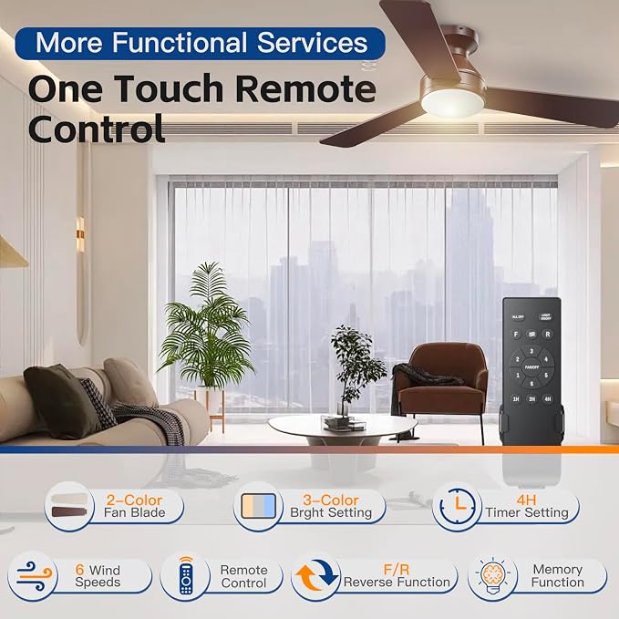 Ceiling Fans with Lights, 42 Inch Ceiling Fan with Light And Remote, 3CCT Flush Moun Low Profile Ceiling Fans, 6 Speed Noiseless LED Ceiling Fan, Advanced Brown Ceilings Fan for Bedroom Living Room