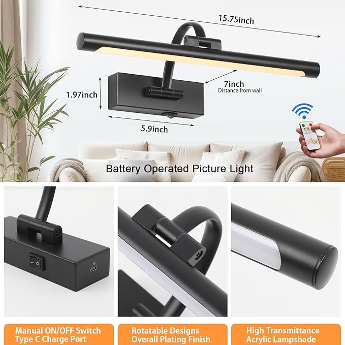 Tassuowell Wireless Battery Operated Picture Light,Rechargeable Wall Light with Remote and Timer,15.75 Inch Black Dimmable Painting Light,3CCT with Adjustable Swing Arm for Display Gallery Lighting