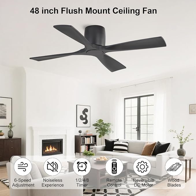WINGBO 48 Inch Ceiling Fan Without Light,Solid Wood Flush Mount Ceiling Fan with Remote Control, Reversible DC Motor, 4 Blades, 6-Speed Quiet Performance, for Bedroom & Living Room, Black
