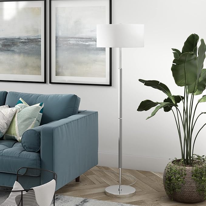 Henn&Hart 2-Light Floor Lamp with Fabric Shade in Cool Gray/Polished Nickel/White, Floor Lamp for Home Office, Bedroom, Living Room , 61" Tall