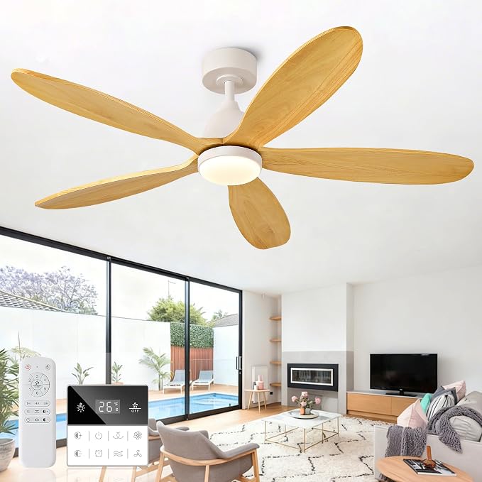 52 Inch Solid Wood Ceiling Fans With Lights, Remote Control, Dimmable, Reversible, Wood Blades, Power-Off Memory, Quiet DC Motor, Indoor/Oudoor Ceiling Fan with Light for Patio,Livingroom