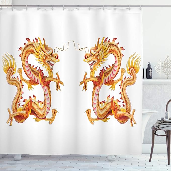 Ambesonne Dragon Shower Curtain, Twin Dragon Zodiac Statues Art Chinese Philosophy Themed Picture, Cloth Fabric Bathroom Decor Set with Hooks, 69" W x 70" L, Vermilion Yellow