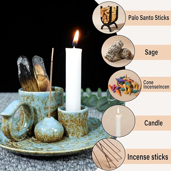 4 in 1 Ceramic Incense Burner Sage Burner with Handle, Sage Holder for Burning Sage, Palo Santo Stick, Joss Sticks and Candle, Ideal for New House, Office, Yoga and Meditation Room