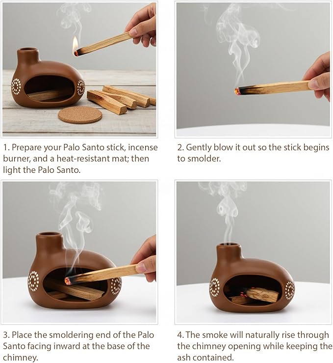 Palo Santo Holder, Chimney Palo Santo Burner, Ceramic Incense Holder with Ash Catcher for Yoga, Meditation, Home Fragrance & Cleansing, Burning Palo Santo Sticks, Cone Incense, Resin, Sage