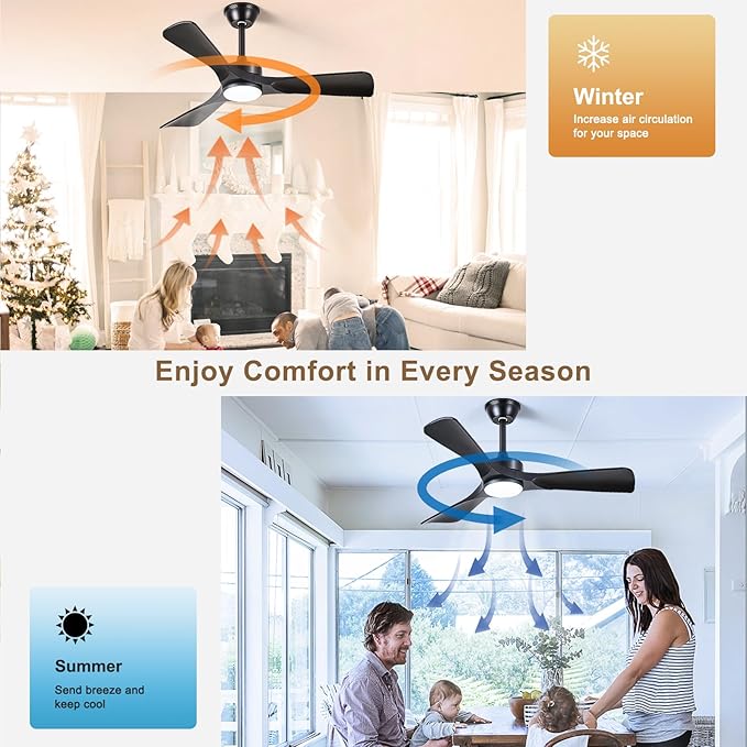 Black Ceiling Fan with Light: 42-Inch Ceiling Fan 3 Blades Low Profile Outdoor - Modern Ceiling Fans with Remote Control Quiet Reversible DC Motor for Patio Living Room