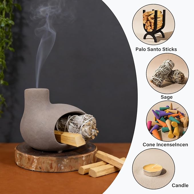 MOUGIGI Handmade Grey Palo Santo Holder – Elegant Incense Chimney for Palo Santo, Sage & Cones – Idealt Gifts for Stress Relief, Energy Cleansing, Yoga, Meditation, Zen, Altar Decor & Aromatherapy