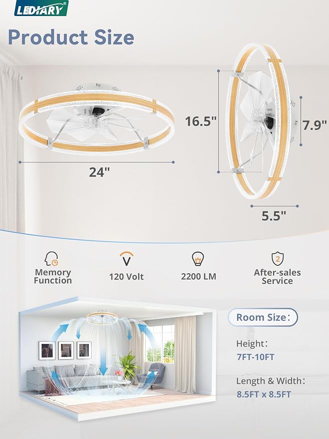LEDIARY Ceiling Fans with Lights and Remote, 24'' Low Profile Ceiling Fan with Light, 3000-6000K Dimmable Fandelier Ceiling Fans, Modern Flush Mount Fan for Bedroom with 6 Wind Speeds- Wood Grain