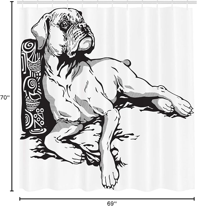 Ambesonne Boxer Dog Shower Curtain, Monochrome Illustration of an Animal Detailed Canine Hand Drawn, Cloth Fabric Bathroom Decor Set with Hooks, 69" W x 70" L, Charcoal Grey and White