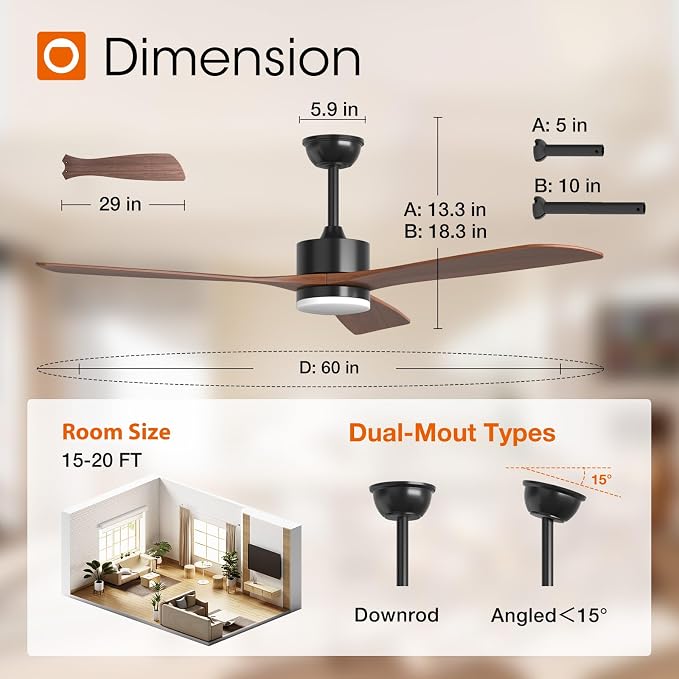 addlon 60 inch Ceiling Fans with Lights and Remote Control, Reversible, 3 Wood Blades, 6 Speeds, 3CCT Dimmable, Noiseless, Indoor/Outdoor Black Walnut Ceiling Fan for Bedroom Living Room Gazebo Patio