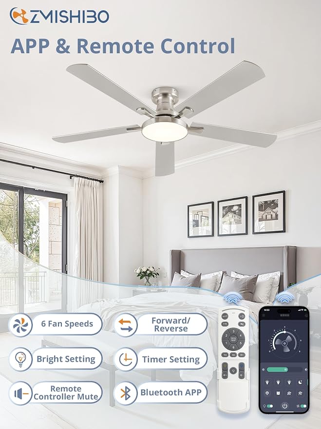 ZMISHIBO 52 Inch Flush Mount Ceiling Fan with Light, Remote&APP, Nickel | 6-Speed Quiet DC Motor, Dimmable 24W LED with 3CCT (3000K-6500K), Modern Low Profile for Living Room, Bedroom, Kitchen