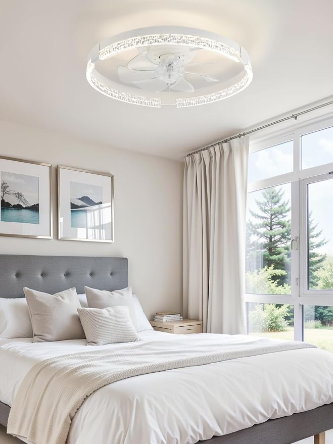 LEDIARY Flush Mount Ceiling Fan with Lights and Remote, 19.7'' Low Profile, 3000-6000K Dimmable Fandelier, 6 Wind Speeds, White Modern LED Fan Light for Bedroom