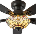 Tiffany Ceiling Fans with Lights - 48" Ceiling Fan Chandelier with 5 Dual-Blades and Glass Shade, 6 Speeds and Reversible, Indoor and Outdoor, Retro Style