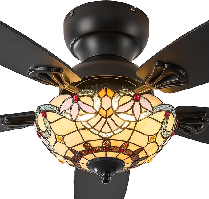 Tiffany Ceiling Fans with Lights - 48" Ceiling Fan Chandelier with 5 Dual-Blades and Glass Shade, 6 Speeds and Reversible, Indoor and Outdoor, Retro Style