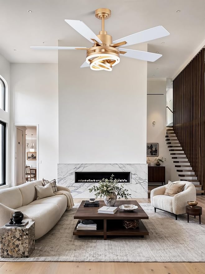 Bella Depot 52 Inch Gold White Ceiling Fan Modern Chandelier Ceiling Fan with Dimmable Light, 6-Speed, Reversible, Timing Option - Ideal for Bedroom Living Room
