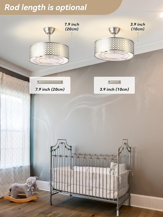 Silver Fandelier Ceiling Fan with Light, 20" Caged Boho Ceiling Fans with Lights and Remote, Mid Century with 6 Speeds for Bedroom, Living Room, Nursery