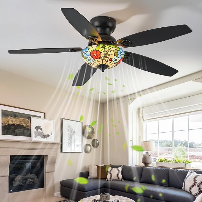 Tiffany Ceiling Fans with Lights - 52" Ceiling Fan Chandelier with 5 Dual-Blades and Glass Shade, 6 Speeds and Reversible, Indoor and Outdoor, Retro Style