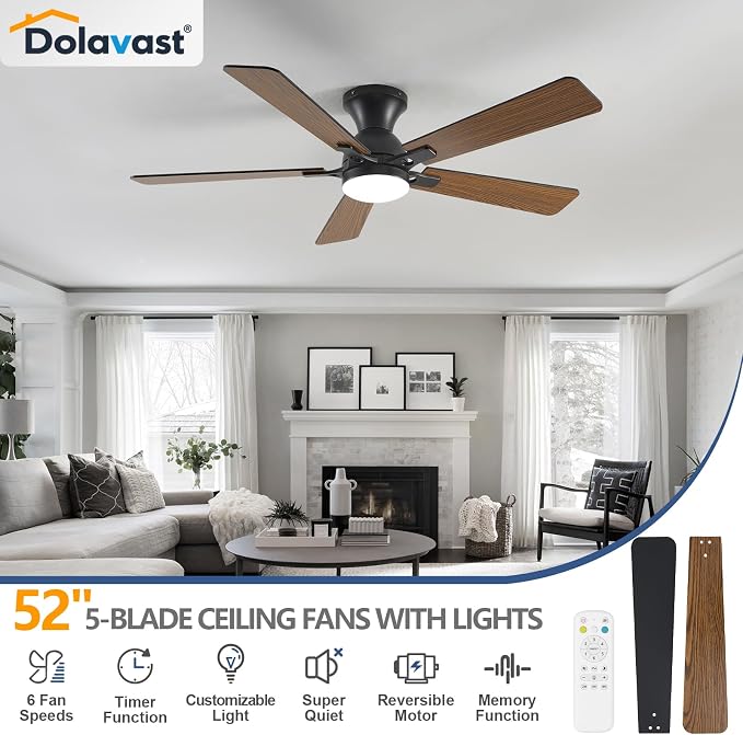 Ceiling Fans with Lights, 52 Inch Low Profile Ceiling Fan with Light and Remote Control, Flush Mount, Reversible, 3CCT, Dimmable LED, Quiet, Black Ceiling Fan for Bedroom, Living Room
