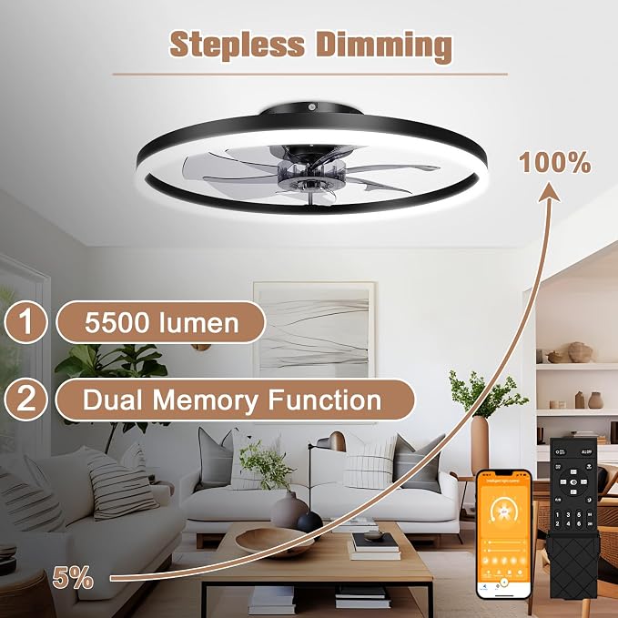 VOLISUN Low Profile Ceiling Fans with Light and Remote,No Assembly,23.6in Fandelier Ceiling Fan with Lights, 3000K-6500K Dimmable Flush Mount LED Fan Light, Black Bladeless Ceiling Fans for Bedroom