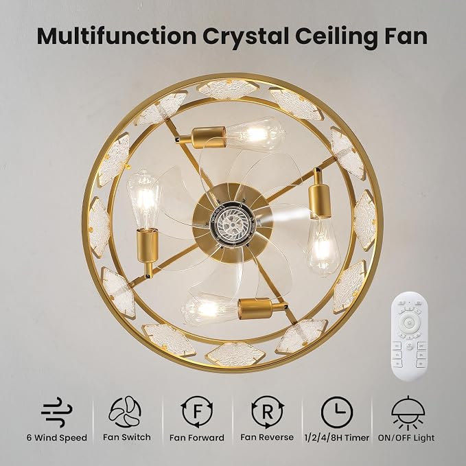 Crystal Caged Ceiling Fans Lights: 18.9'' Farmhouse Fandelier Ceiling Fan with Remote 6 Speeds Gold Semi Flush Mount Industrial Chandelier Modern Low Profile Ventilador de Techo for Bedroom Kitchen