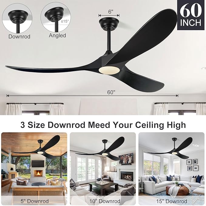 Eliora 60 Inch Ceiling Fans with Lights, Wood Outdoor Ceiling Fan for Patio and Remote Control Rustic Propeller Large Ceiling Fans with Light Farmhouse Indoor Quiet High cfm, Matte Black