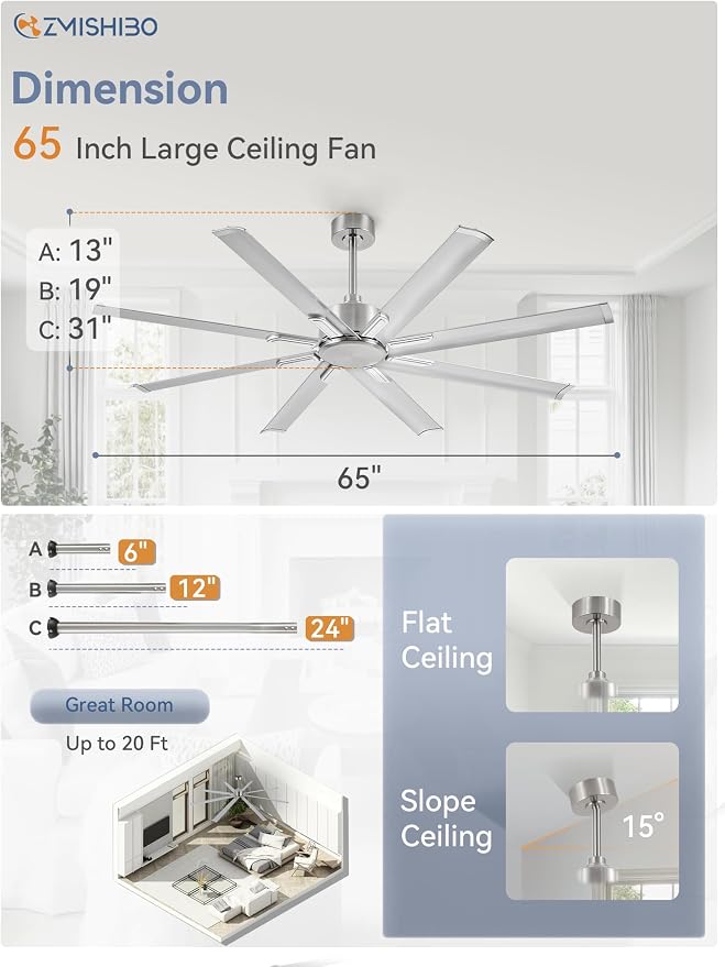 ZMISHIBO 65 Inch Industrial DC Motor Ceiling Fan, Large Ceiling Fan with 8 Reversible Blades, 3 Downrods, 6-Speed Remote Control, Home or Commercial Ceiling Fans for Porch/Garage/Shop, Nickel