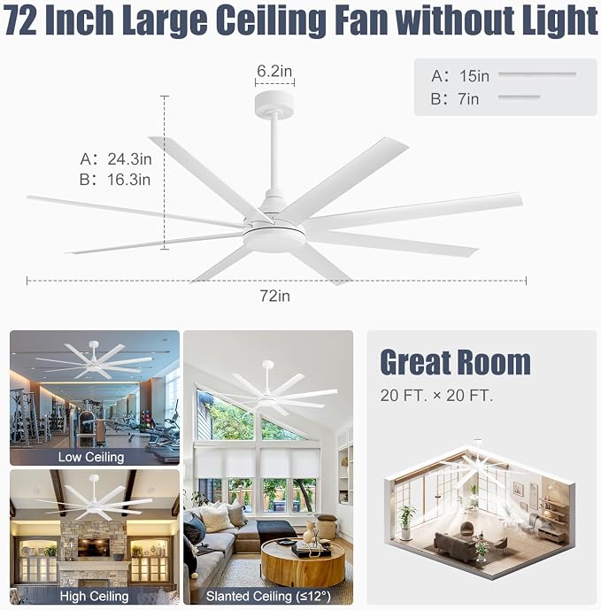 72 Inch Ceiling Fan No Light, Modern Ceiling Fan with Remote Control, Quite DC Motor 8 Reversible Blades Indoor Outdoor Industrial Ceiling Fan without Light For Living Room Bedroom Patio Garage-White