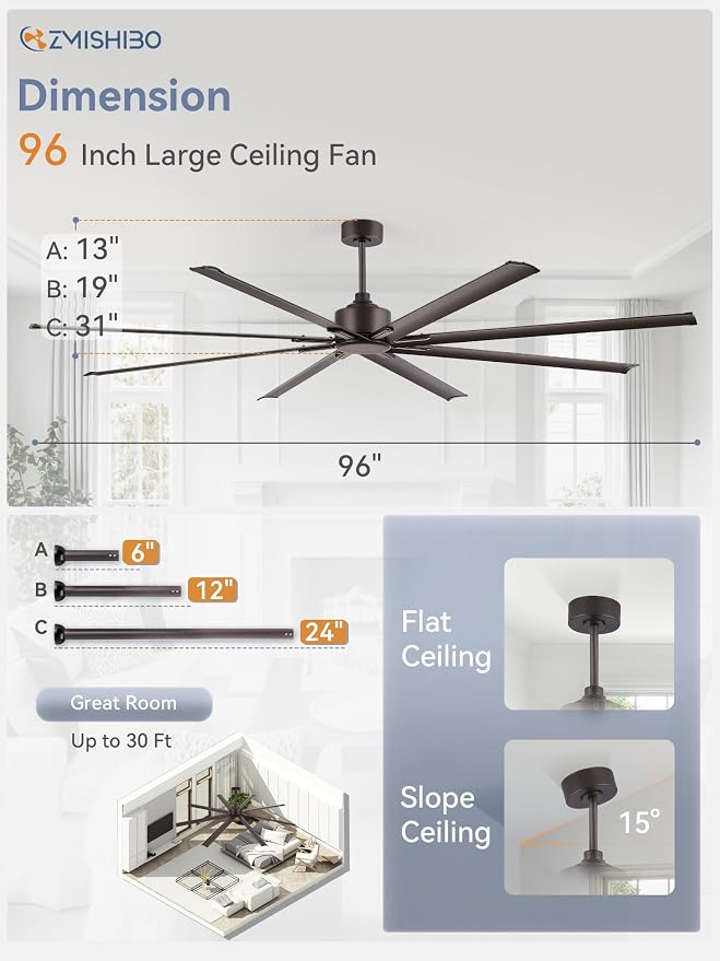 ZMISHIBO 96 Inch Industrial DC Motor Ceiling Fan, Large Ceiling Fan with 8 Reversible Blades, 3 Downrods, 6-Speed Remote Control, Home or Commercial Ceiling Fans for Porch/Garage/Shop, Oil-bronze