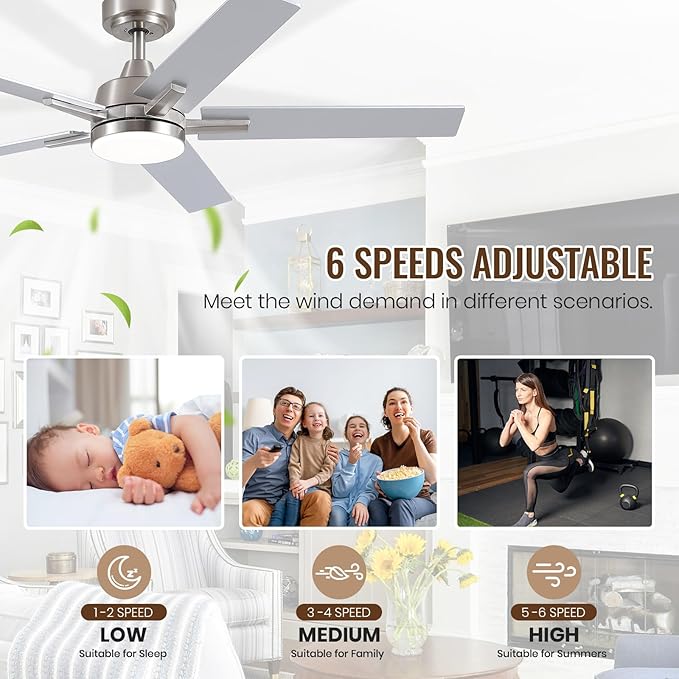 Ceiling Fans with Lights, 52 inch Brushed Nickel Ceiling Fans with Lights and Remote Control, Reversible, 3CCT, Dimmable, Noiseless, Downrod, Modern Ceiling Fan for Bedroom, Indoor/Outdoor Use