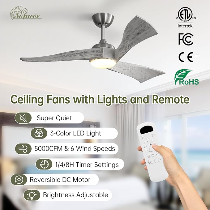 Sofucor 52 Inch Ceiling Fan with Light and Remote - 3 Solid Wood Blades, Quiet DC Motor, 6 Speeds 5000CFM, Dimmable Tri-Color LED with Memory, Timer & Reversible for Living Room, ETL, Gray Wood