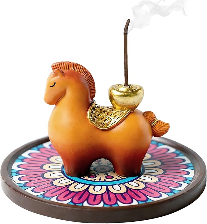 Horse Incense Holder for Sticks, Cute Horse Resin Incense Burner Holder with Ash Catcher, Incense Stick Holder for Aromatherapy,Yoga,Home Room Decor, Brown