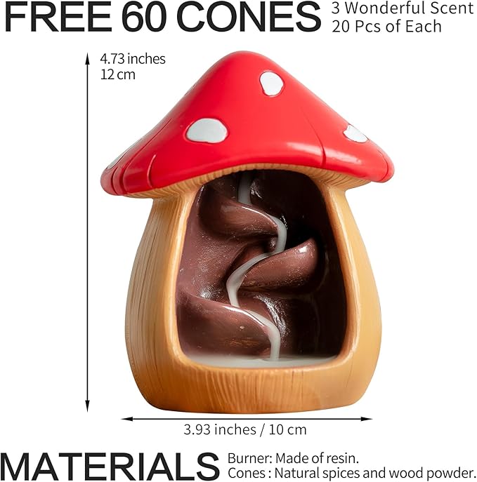 Cute Mushroom Incense Holder with 60 Incense Cones, Handmade Waterfall Backflow Incense Burner, Nature Theme Incense Burner, Adorable Home Decoration, Cottagecore Decor Accessories(Brown)
