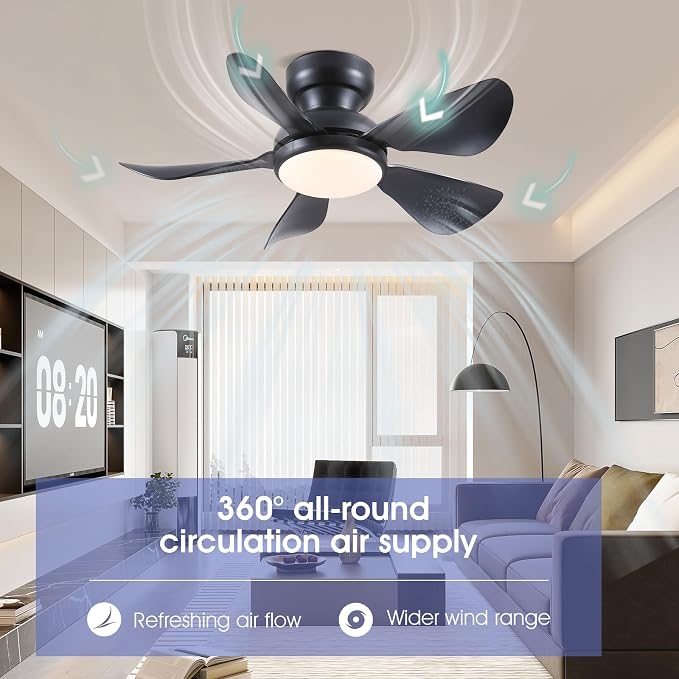 Kviflon 32 Inch Modern Ceiling Fans with Lights, Small Flush Mount Ceiling Fan with Light Remote Control, 5 Reversible 6 Speeds Curved Blades, 3 CCT Dimmable Lights for Kids Room Bedroom, Black