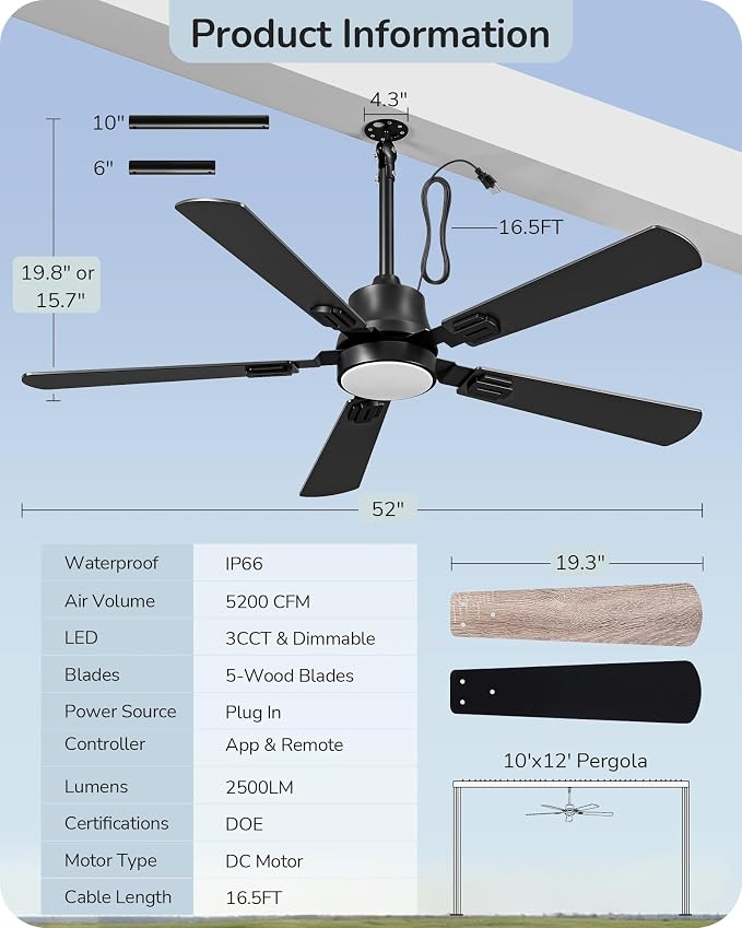 EDISHINE 52" Outdoor Ceiling Fan with Light, IP66 Waterproof Gazebo Hanging Fan, 5200 CFM, 3CCT, APP/Remote Control, 5 Wood Blade, 6-Speed Winds, Plug in Ceiling Fans for Patios Porch Pergola, Black