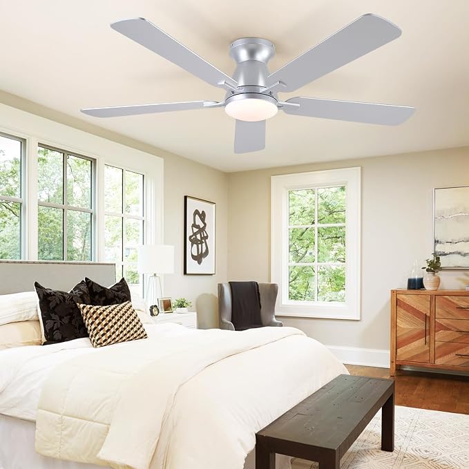 52 Inch Ceiling Fans with Lights and Remote, Flush Mount, Silver | Low Profile, Dimmable LED, Reversible, Quiet DC Motor, Wooden Blades, for Modern Apartment Bedroom Home Office Living Room