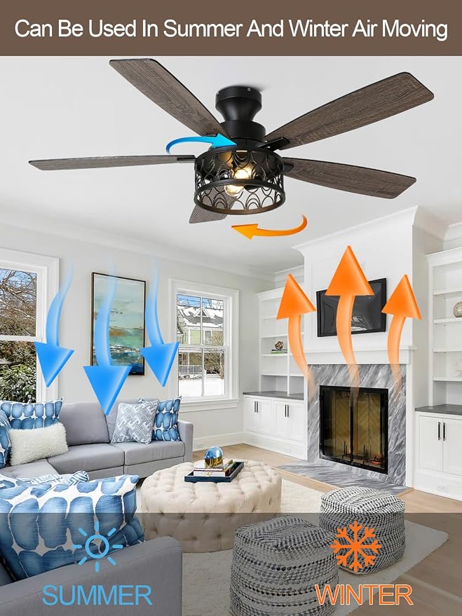 52" Farmhouse Ceiling Fan with Lights Flush Mount Metal Caged | Remote Control Rustic Fandelier, Low Profile Chandelier Fan for Bedroom Dining Room, 5 Dual Blades, Reversible Quiet DC Motor