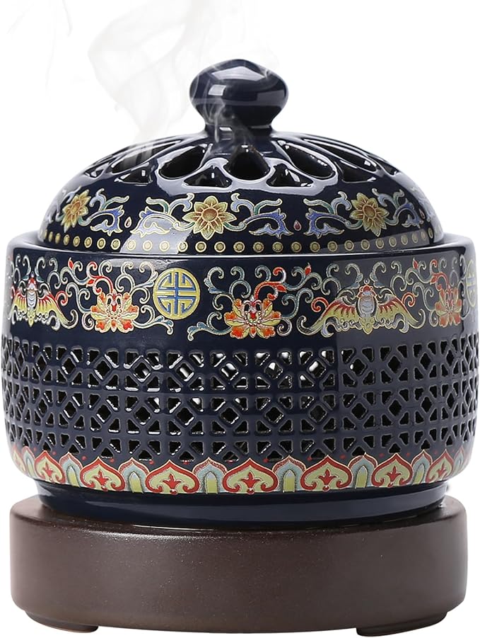 Ceramic Holder Electric Incense Burner Enamel Built-in LED Lights Simulate Flames, Classical, Elegant and High-end Hollow Design