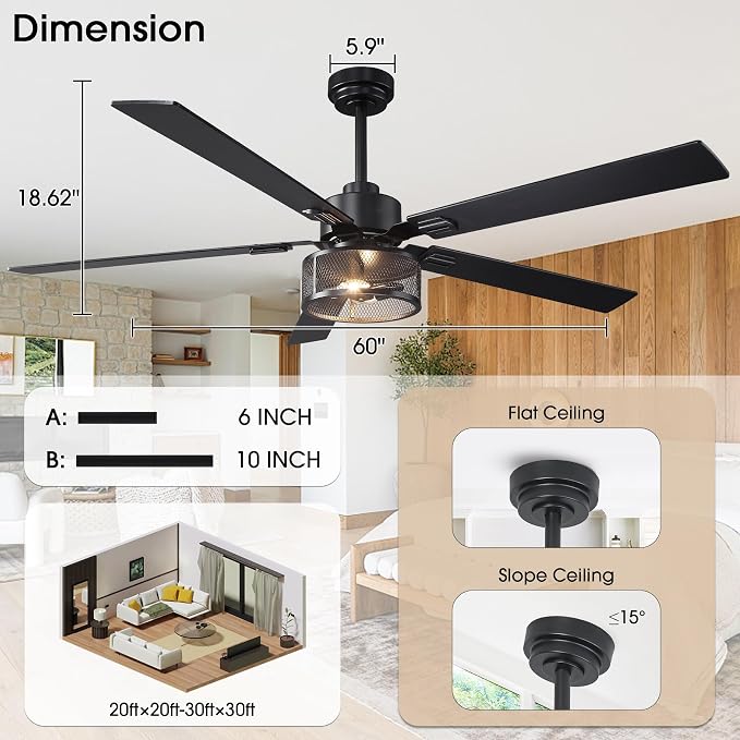 60 Inch Farmhouse Ceiling Fans with Lights, Rustic Ceiling Fan with Remote and APP Control, 5 Dual Finish Blades, 6-Speed Quiet Reversible DC Motor with Timer for Kitchen Living Room Patio