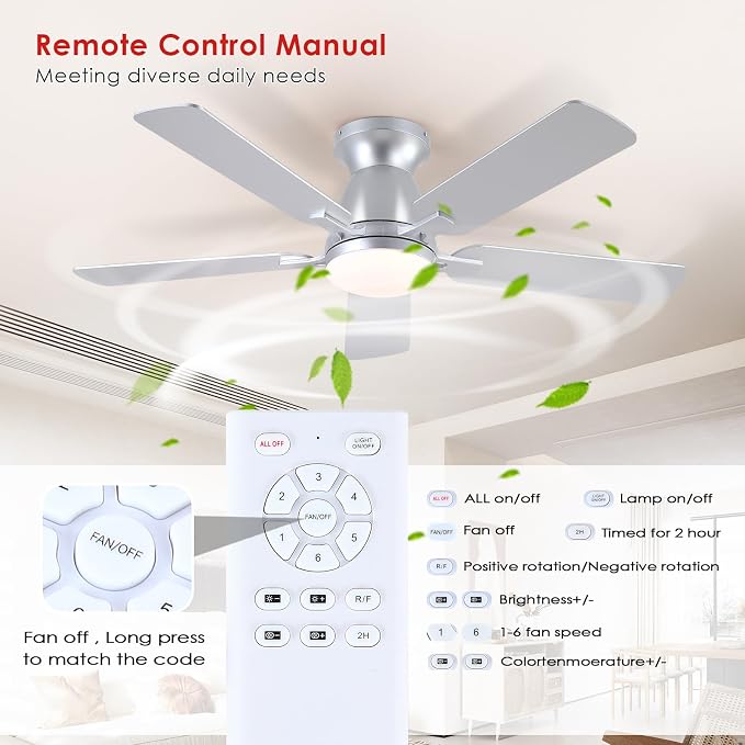 Mpayel 46 Inch Ceiling Fans with Lights and Remote, Silver Ceiling Fan with Light Flush Mount, Low Noise, Reversible, Dimmable, Modern Low Profile Ceiling Fan with Light for Bedroom Indoor Outdoor