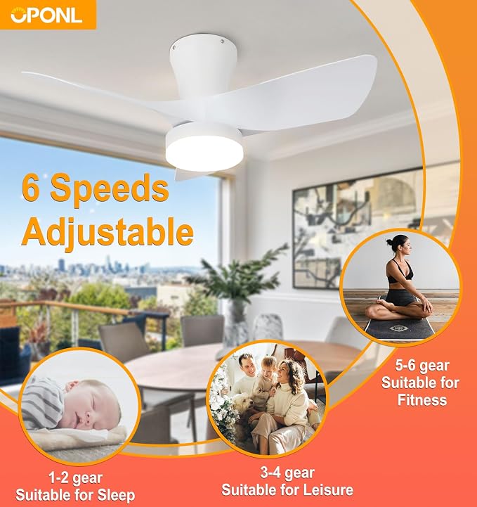 OPONL White Ceiling Fan with Light 30inch, Large Air Volume, Ceiling Fans with Lights for Bedroom Kitchen Dining room Patio